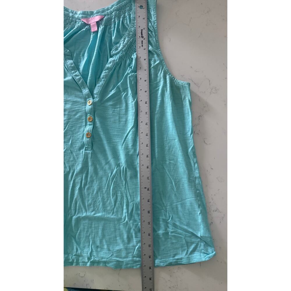 Lilly Pulitzer Womens Large Aqua Sleeveless Tank Top Smocked Yoke Henley Casual - Picture 11 of 12